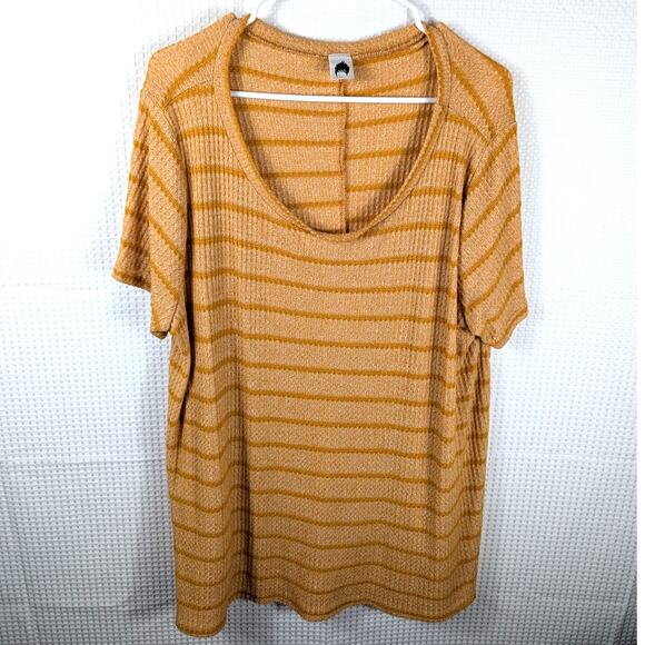 Waffle Knit 3X Mustard Yellow Striped Short Sleeve Top Womens Boho Soft Tee - Picture 1 of 4